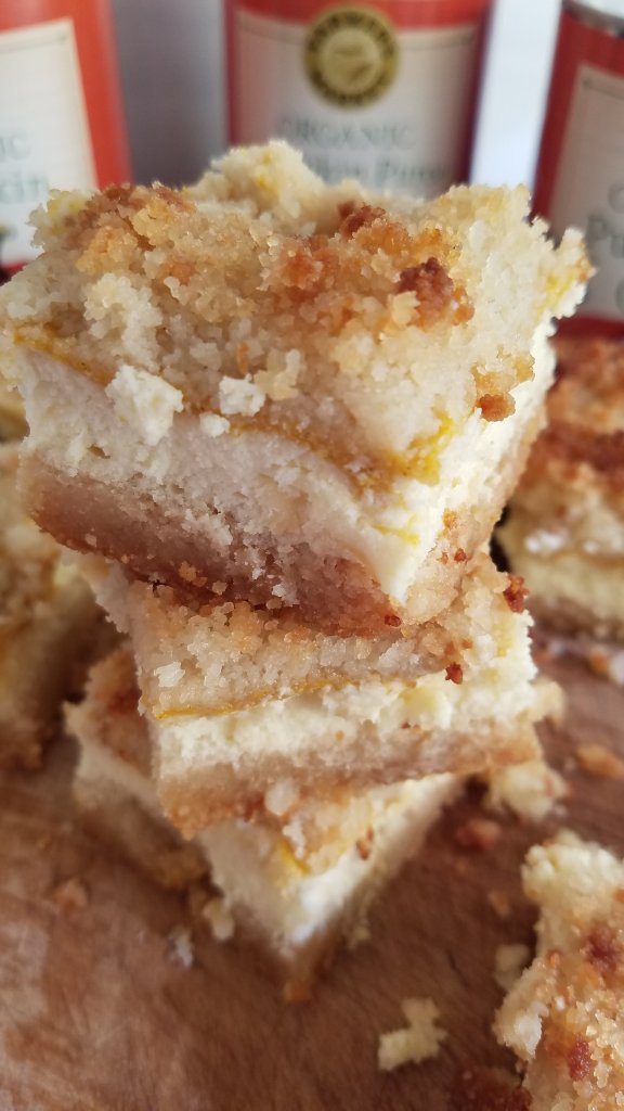 pumpkin cheesecake bars stacked