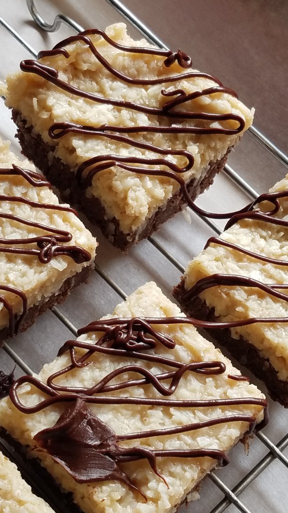 samoas brownies with ganache drizzle