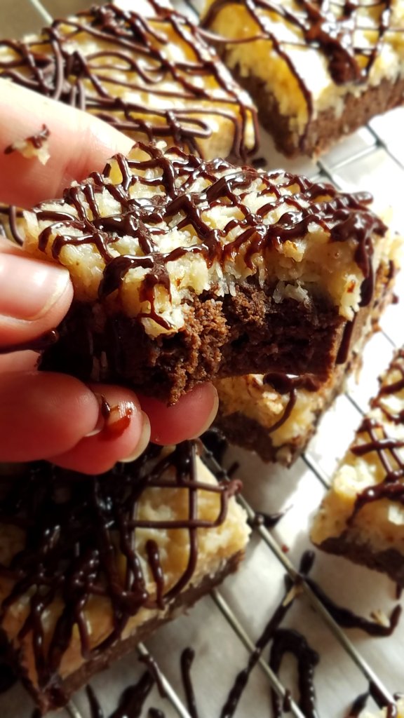 samoas brownies with a bite taken out of it
