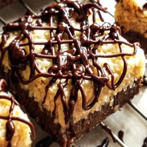 samoas brownies with chocolate ganache drizzle