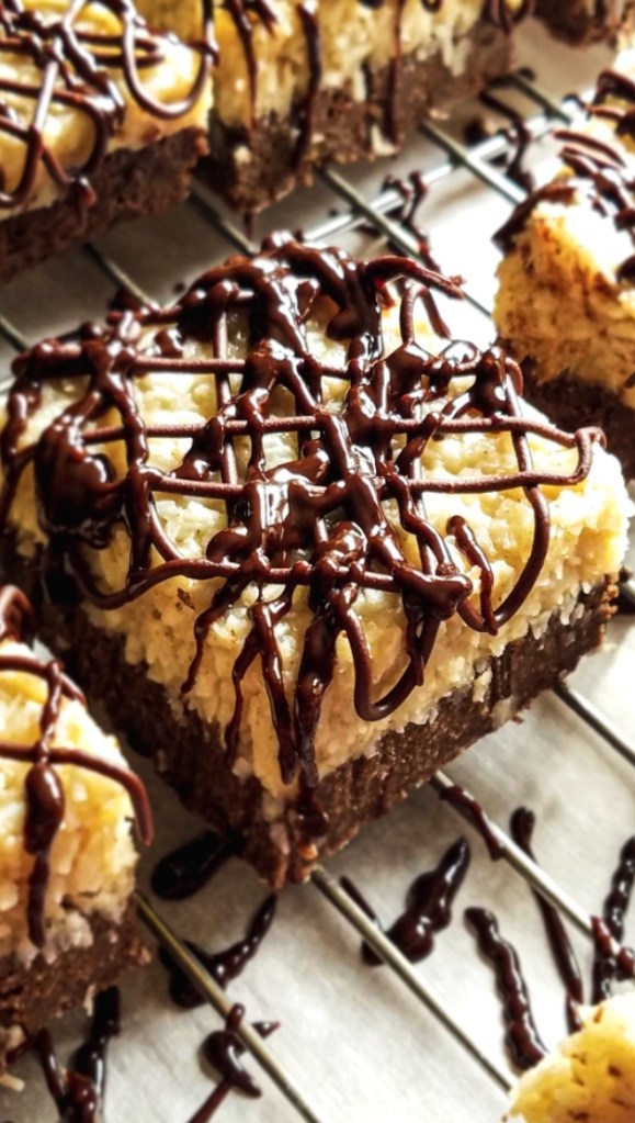 samoas brownies with chocolate ganache drizzle