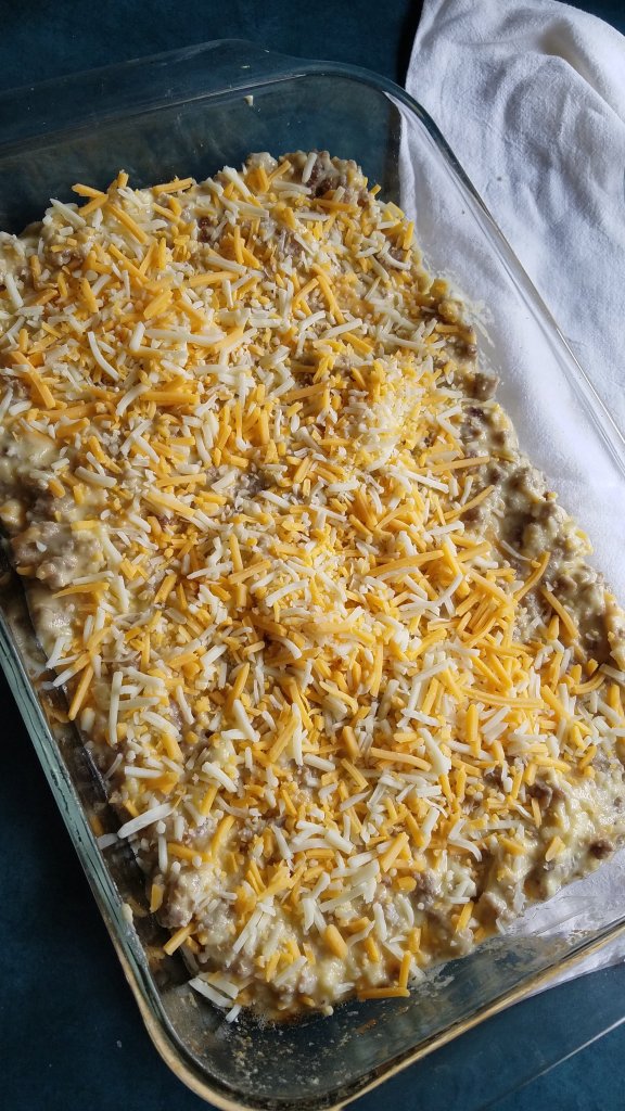 Keto Sausage Breakfast Bars in pan before baking