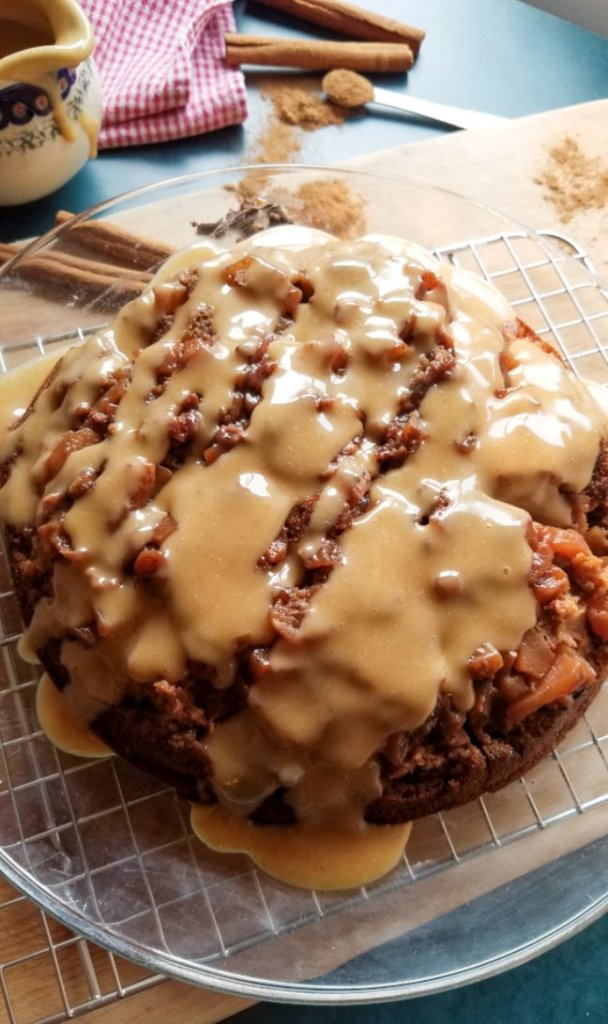 Keto Apple Skillet Cake with Salted Caramel Drizzle