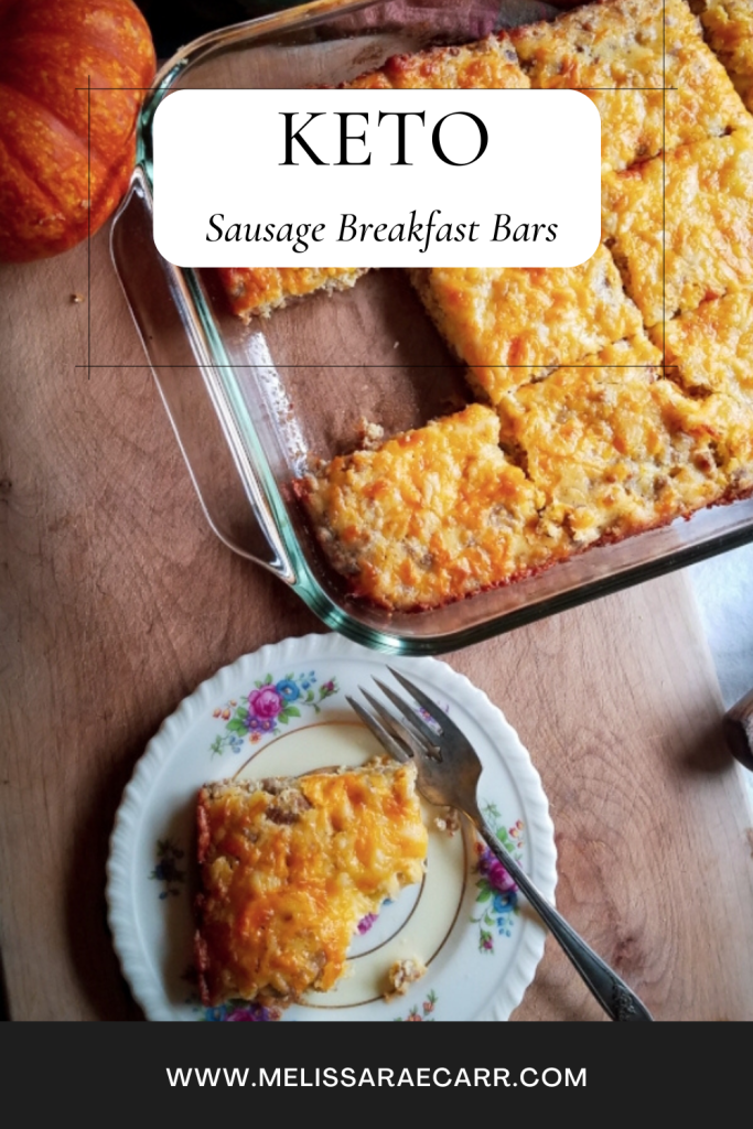Keto Sausage Breakfast Bars closeup with a piece on a plate