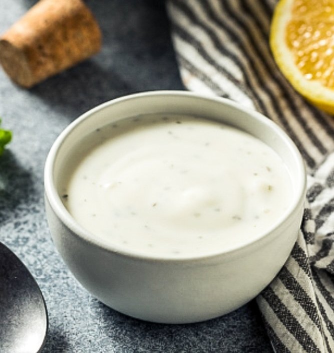 ranch dressing dip in a small bowl