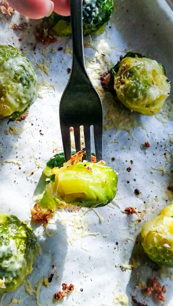 fork poked into a tender brussels sprout
