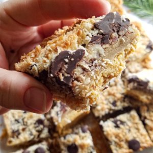 close up of a piece of seven layer magic bars