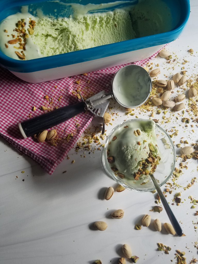 A scoop of The Best Keto Pistachio Protein Ice Cream