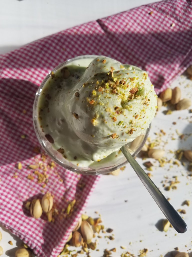 The Best Keto Pistachio Protein Ice Cream Recipe in a bowl with a spoon