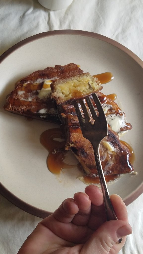 Healthy Keto Cinnamon French Toast (no bread) on a fork