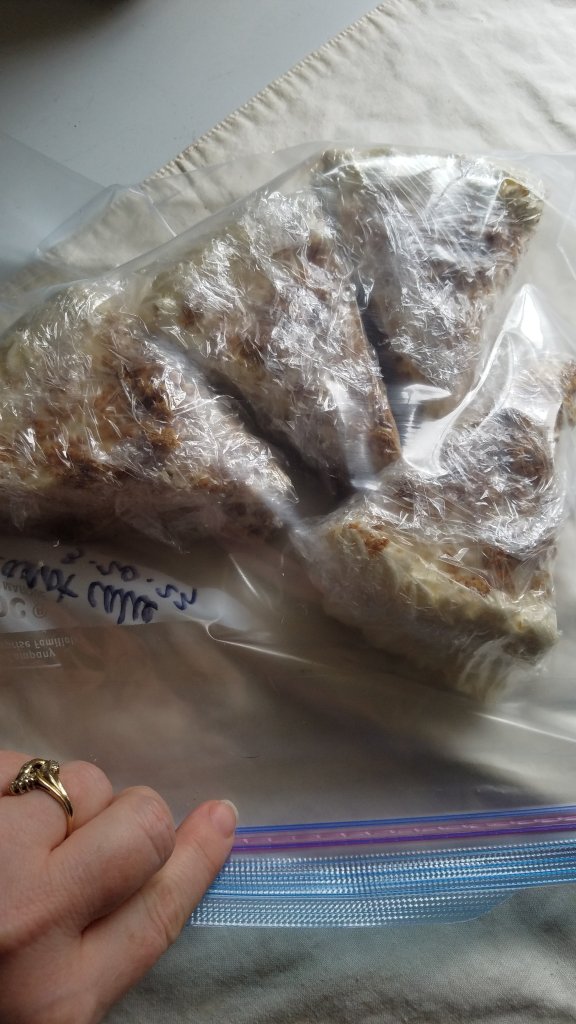 low carb carrot cake frozen and wrapped in plastic wrap put in a freezer bag