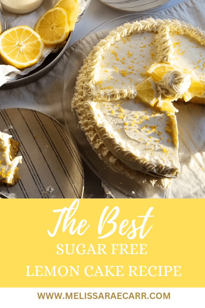 picture of the best sugar free lemon cake with a piece on a plate nearby