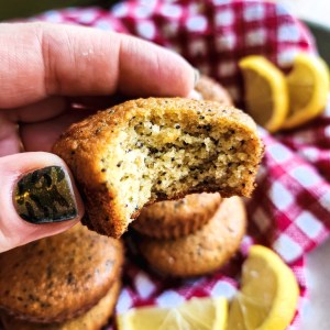 Gluten Free Keto Lemon Poppyseed Muffin with a bite missing