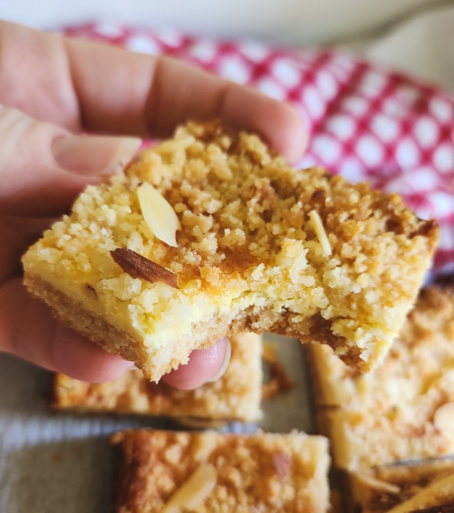 easy low carb almond cheesecake bars missing a bite