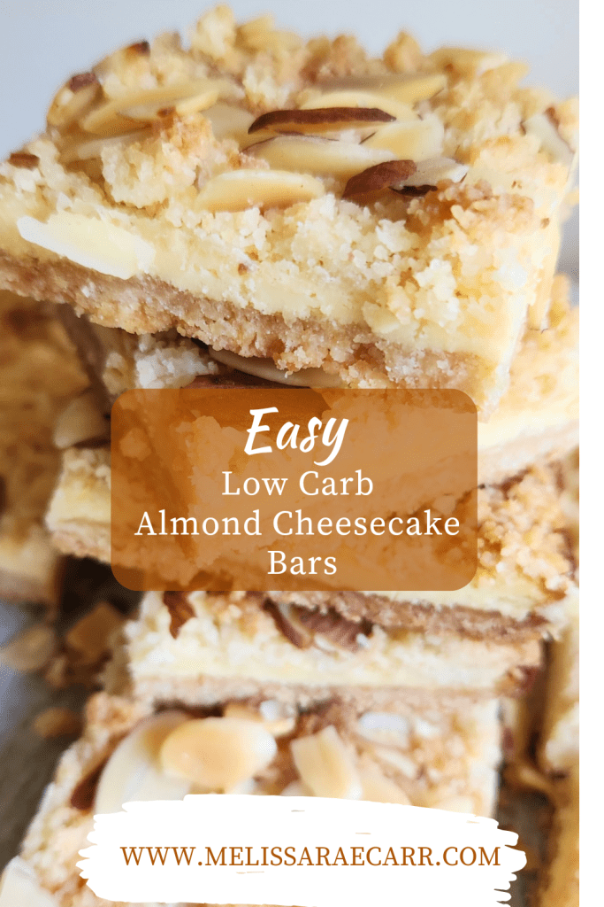 easy low carb almond cheesecake bars stacked up