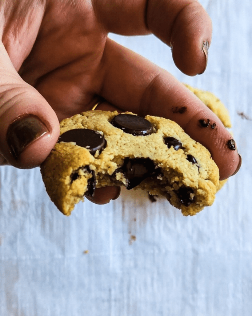 gluten free butterless chocolate chip cookie with a bite missing