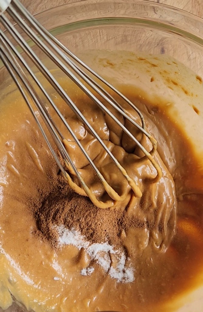 Dry ingredients added to wet ingredients for Gluten-free dairy free cinnamon bread