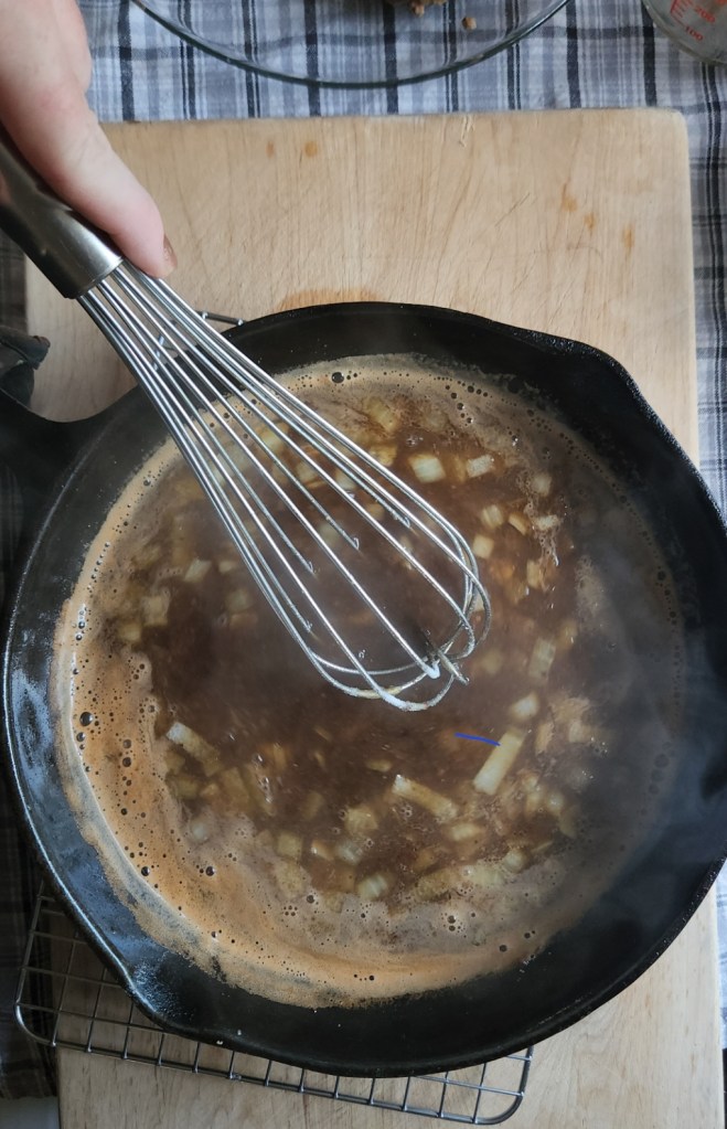 Whisking up Brown Gravy Sauce for gluten free Salisbury steak