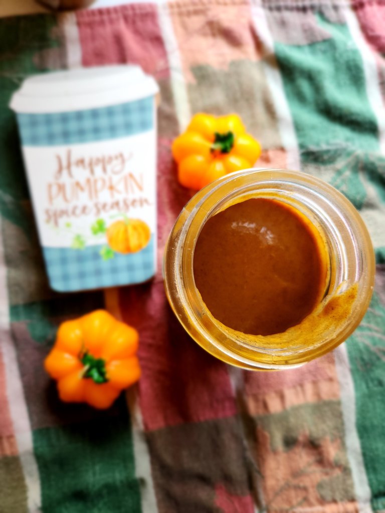 Gluten-free pumpkin spice latte sauce in a jar.