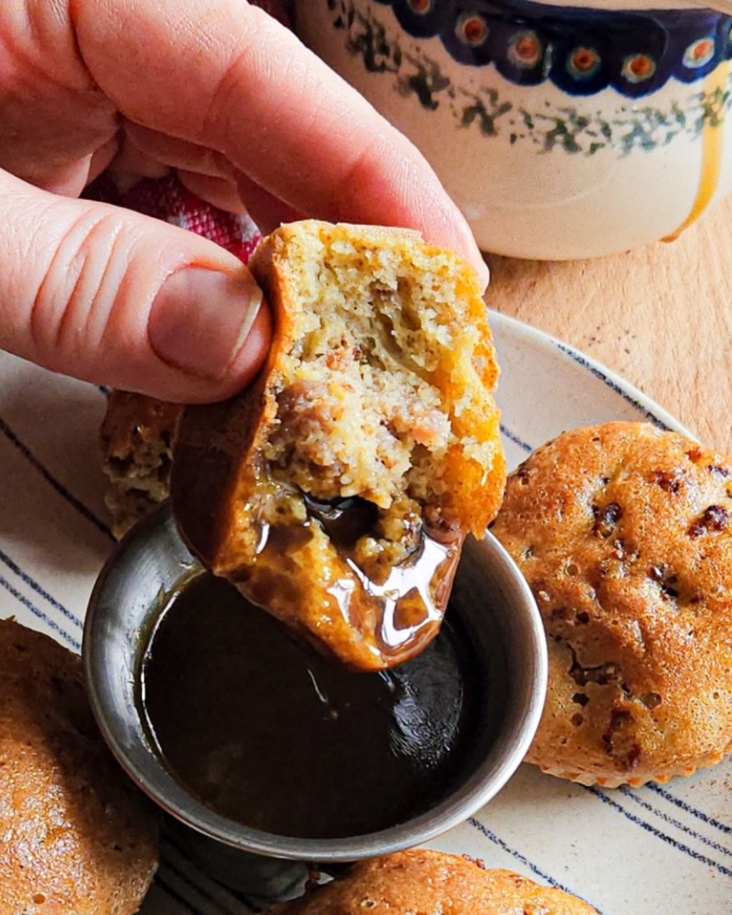 Easy Gluten Free Pancake Dippers Recipe without Milk being dipped into maple syrup