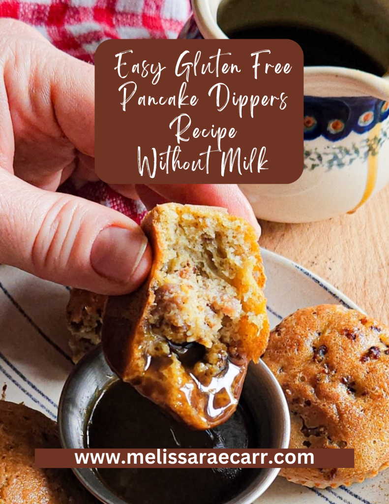 easy gluten free pancake dippers being dipped into maple syrup