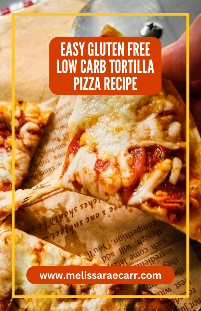 a piece of easy gluten free low carb tortilla pizza recipe being pulled apart.