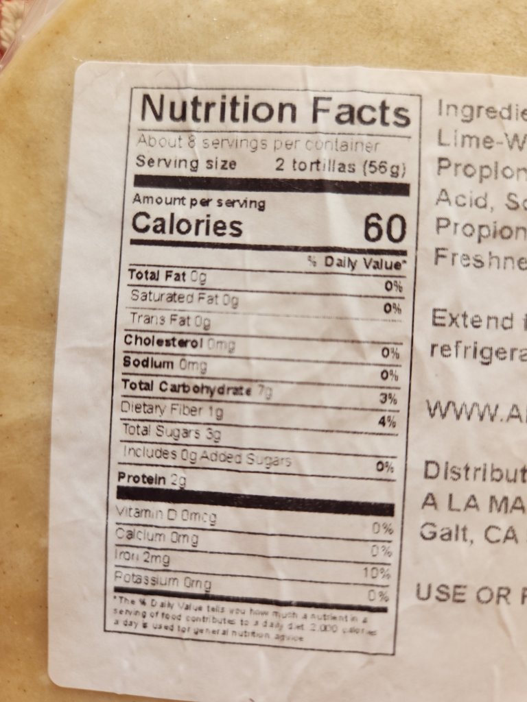 nutritional facts for a la madre tortillas.