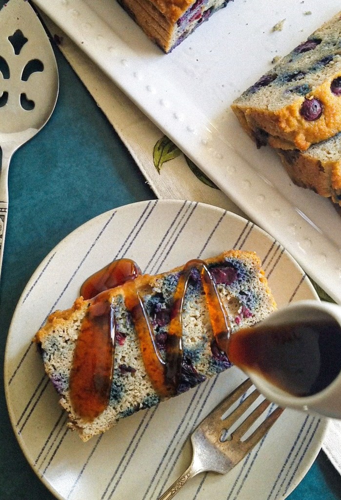 Quick keto pancake loaf being topped with easy keto maple syrup substitute.