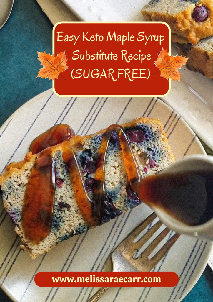 Drizzling easy keto maple syrup substitute over a slice of quick keto pancake bread.