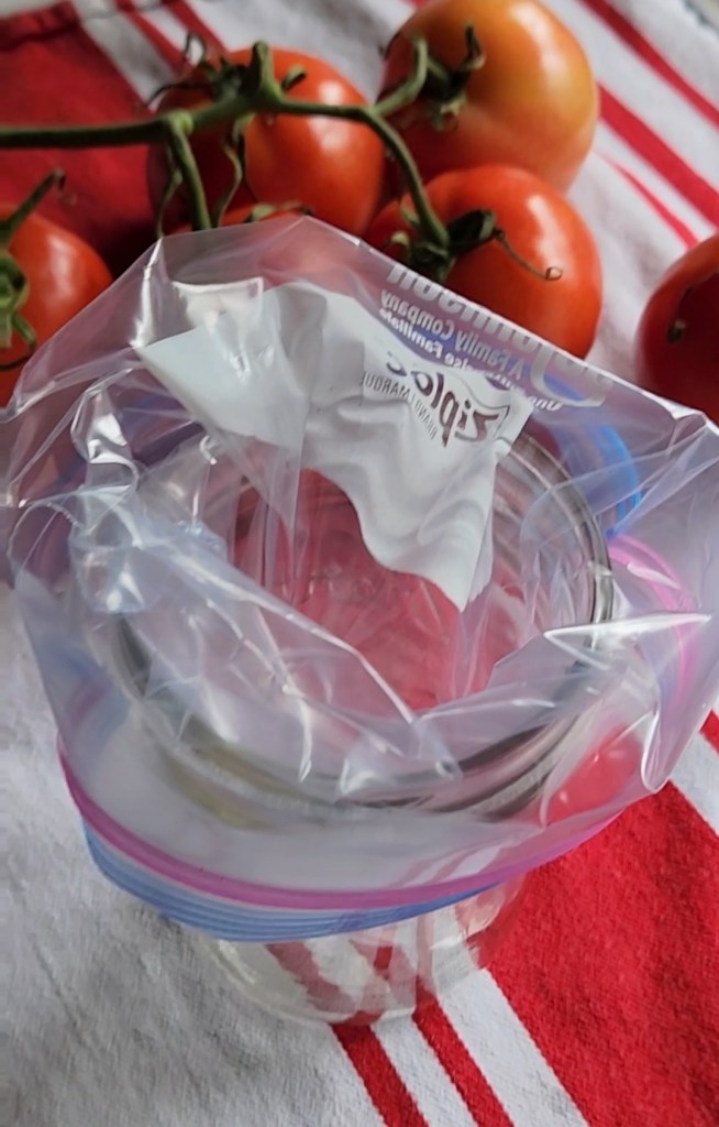 Large gallon Ziploc bag fitted into wide mouth jar to fill with easy low carb enchilada sauce.
