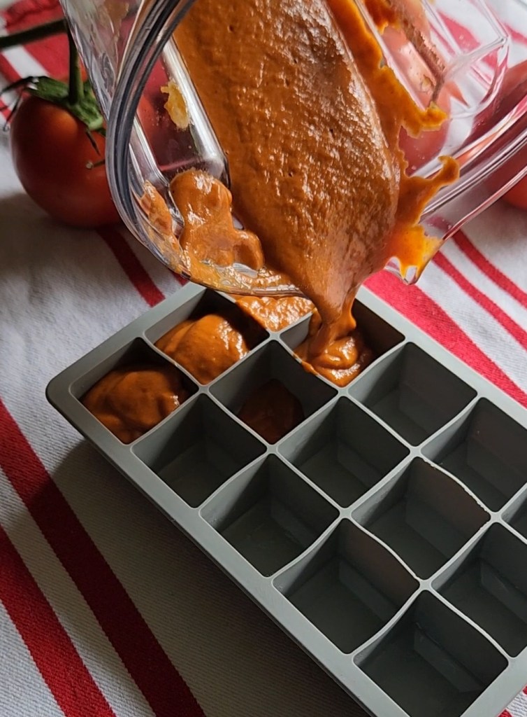 Pouring easy low carb recipe for gluten-free enchilada sauce into and ice cube tray to freeze.