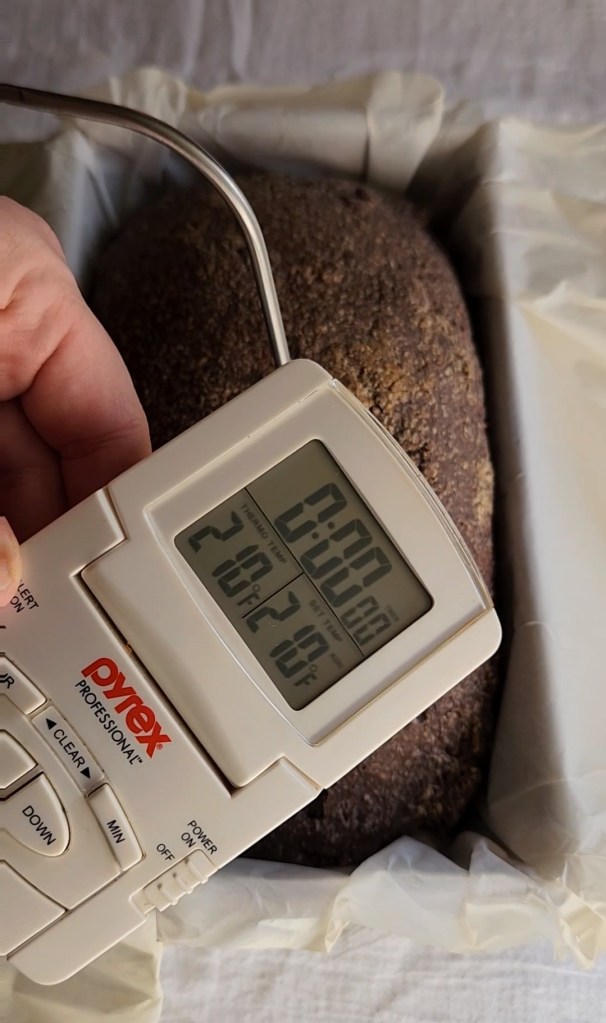 taking the breads temperature.