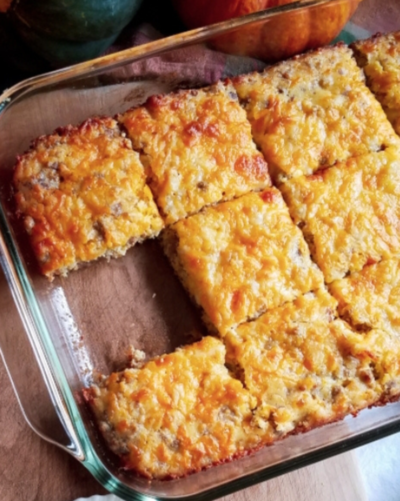 Easy Keto Sausage Breakfast Bars in a pan cut.