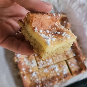 Close up of a piece of Keto gooey butter cake.