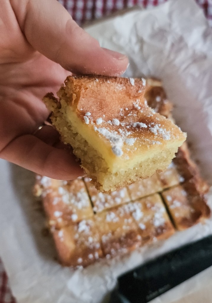 Close up of a piece of Keto gooey butter cake.