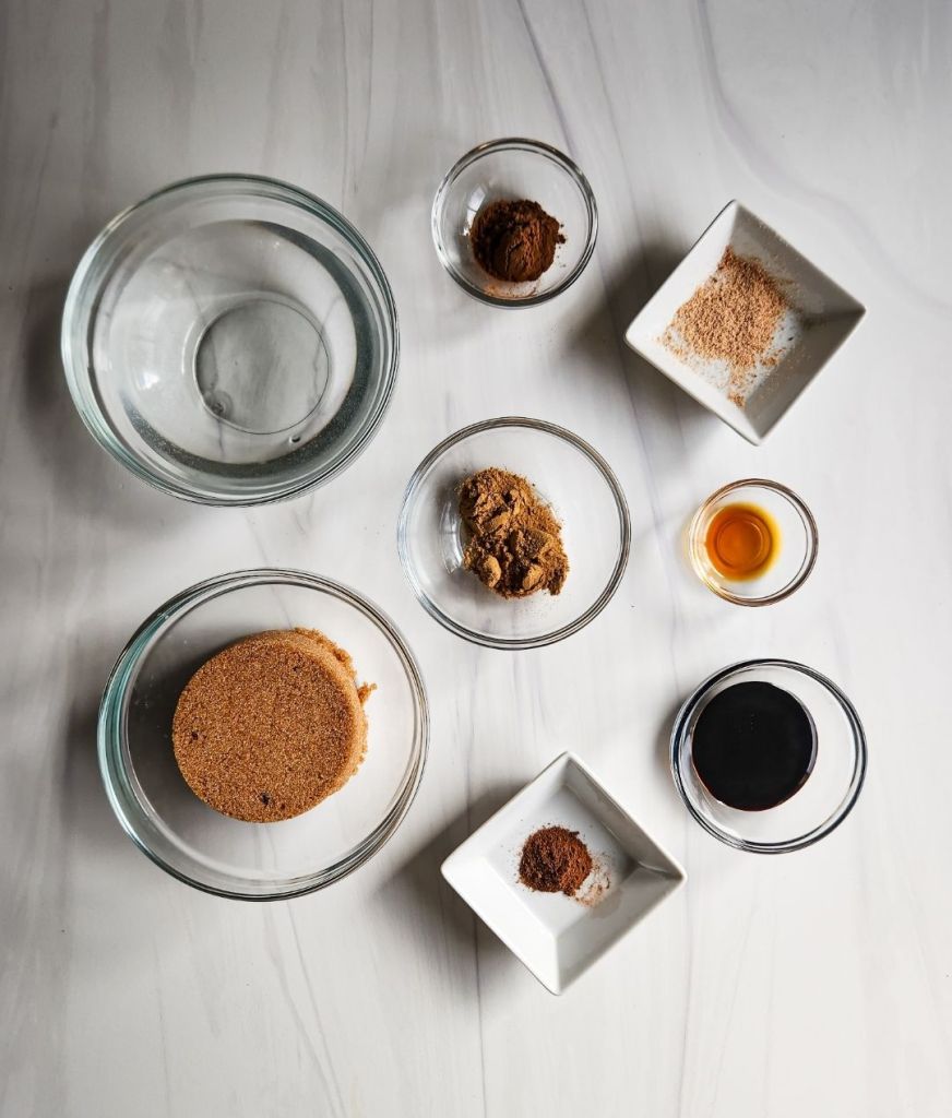 Ingredients needed to make low-carb copycat Starbucks gingerbread syrup.