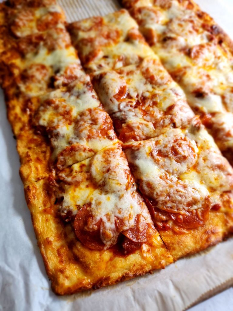 Close up of the best gluten-free keto friendly pizza baked.