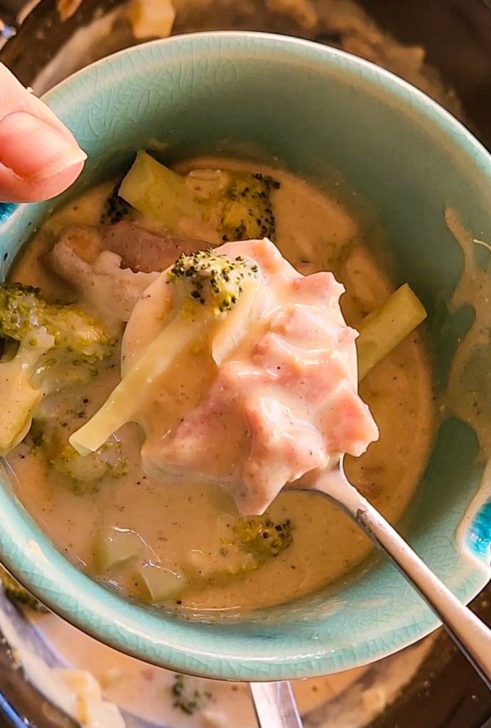 Gluten Free Ham and Broccoli Slow Cooker Soup (Keto) served up in a bowl.