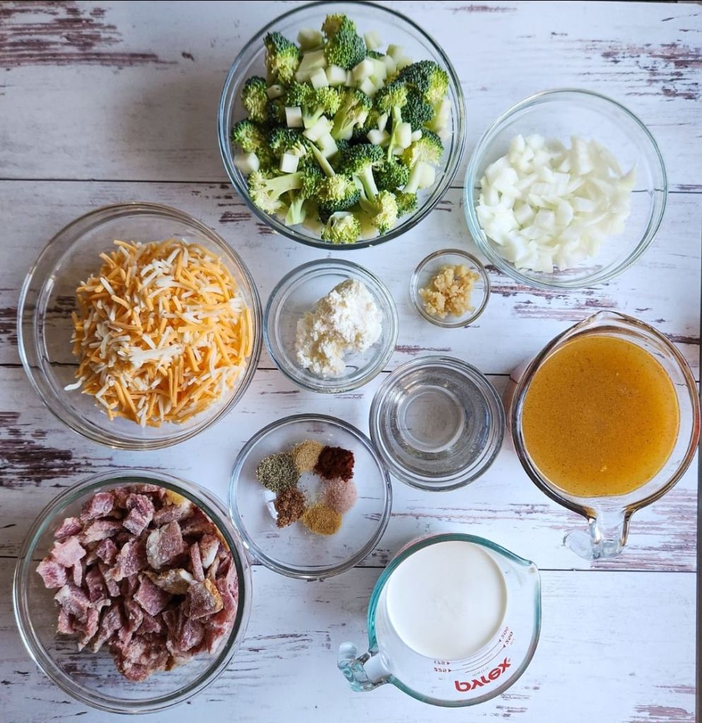 Ingredients needed to make easy Crockpot ham and broccoli slow cooker soup.