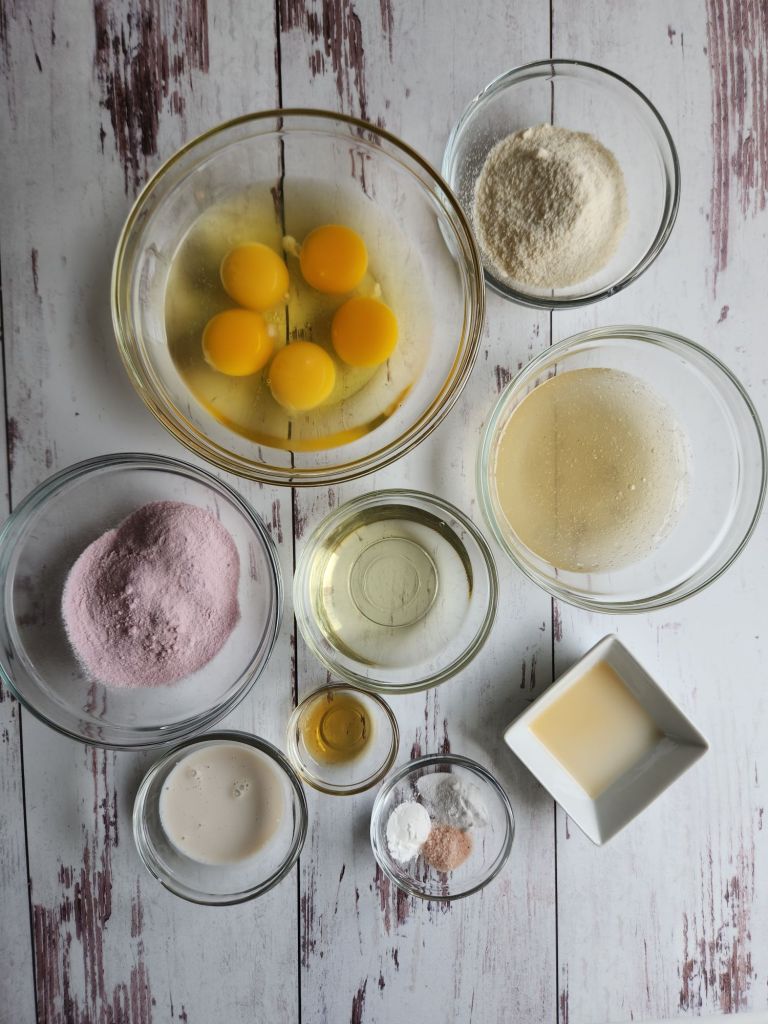 Ingredients needed to make the best gluten-free strawberry pudding cake recipe.