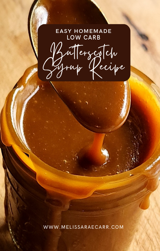 Easy homemade low carb butterscotch syrup recipe being served with a spoon.