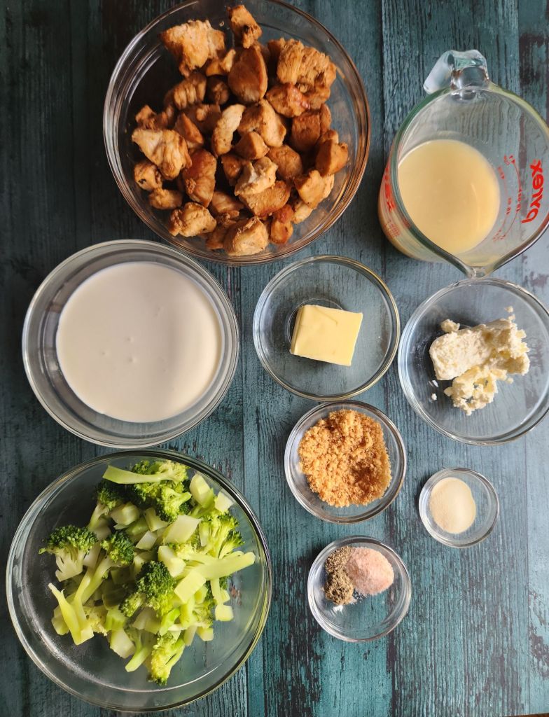 Ingredients for easy gluten-free chicken Devon casserole recipe.