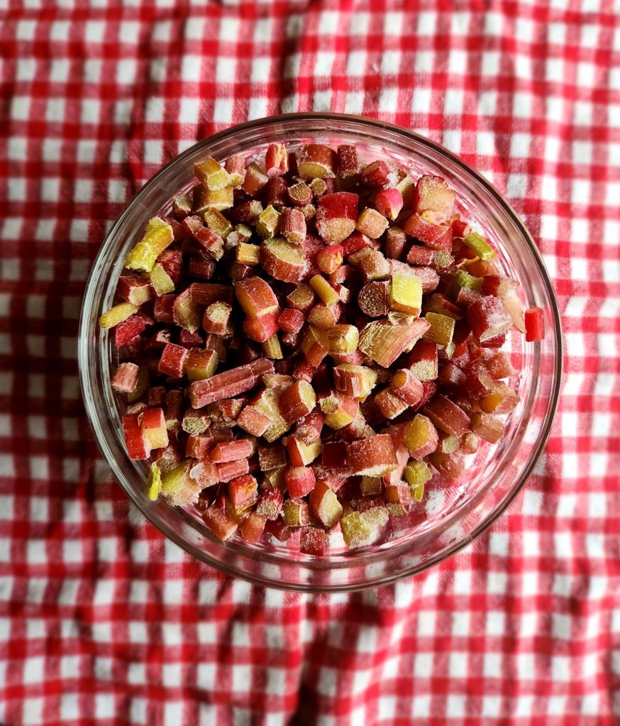 Bowl of Frozen chopped rhubarb.