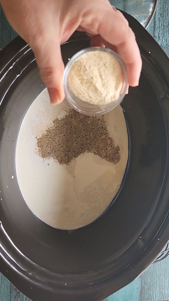 Stirring garlic powder with spices in Crock-Pot.