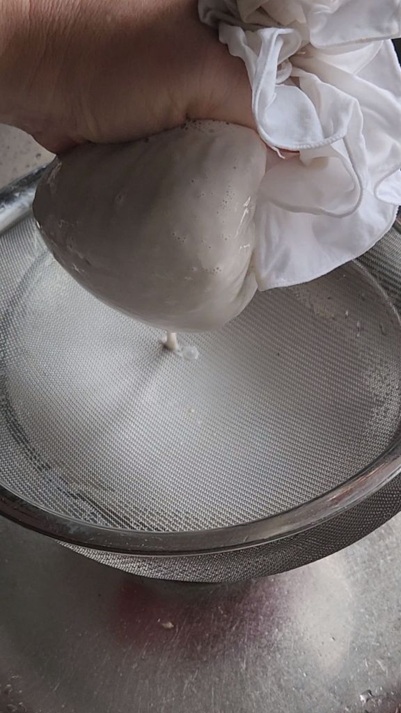 Straining almond milk through a fine thread cloth.