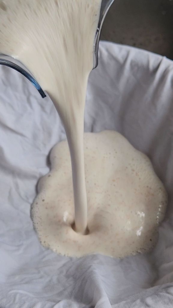Straining homemade almond milk through a fine thread cloth.