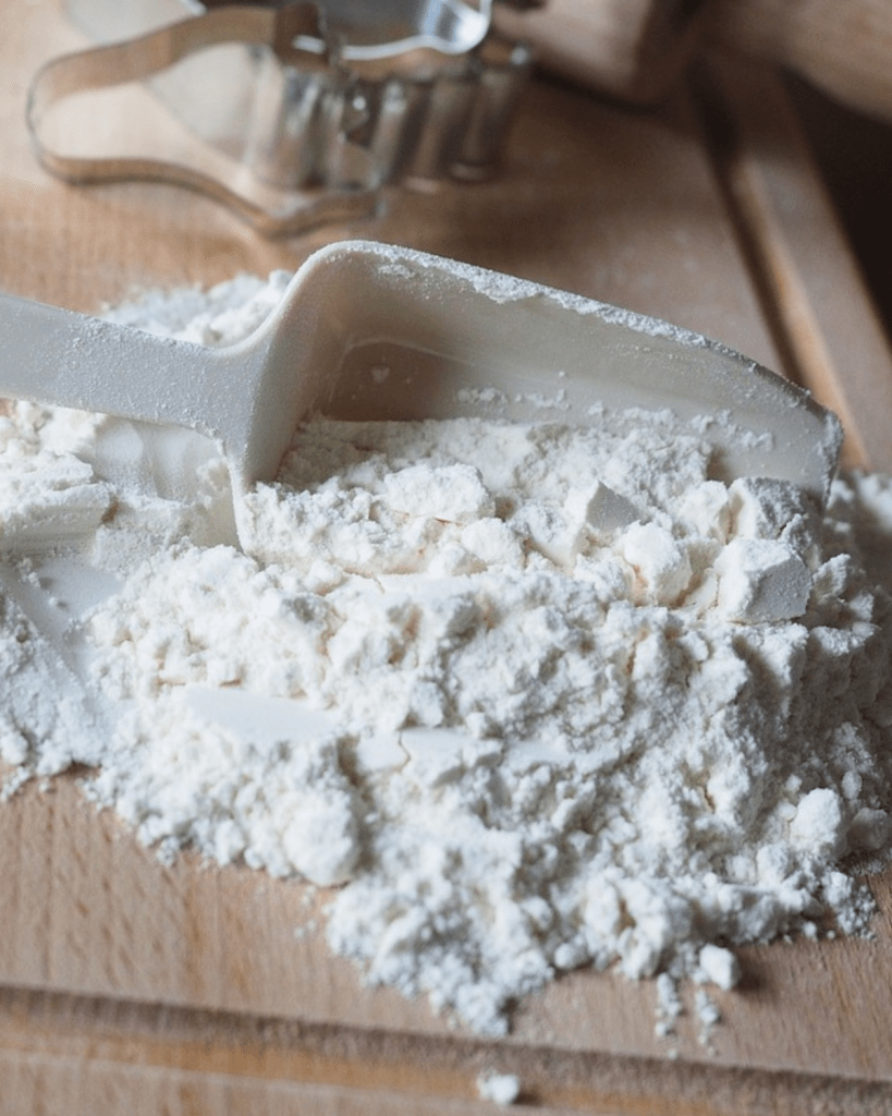 Coconut flour with a scoop on a cutting board.