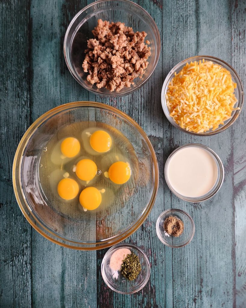 What you need to make a low carb sausage and cheese frittata.