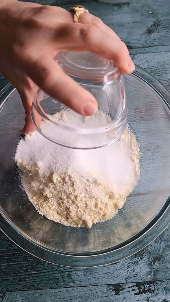 Mixing dry ingredients for Grandma's gluten-free cinnamon coffee cake recipe.