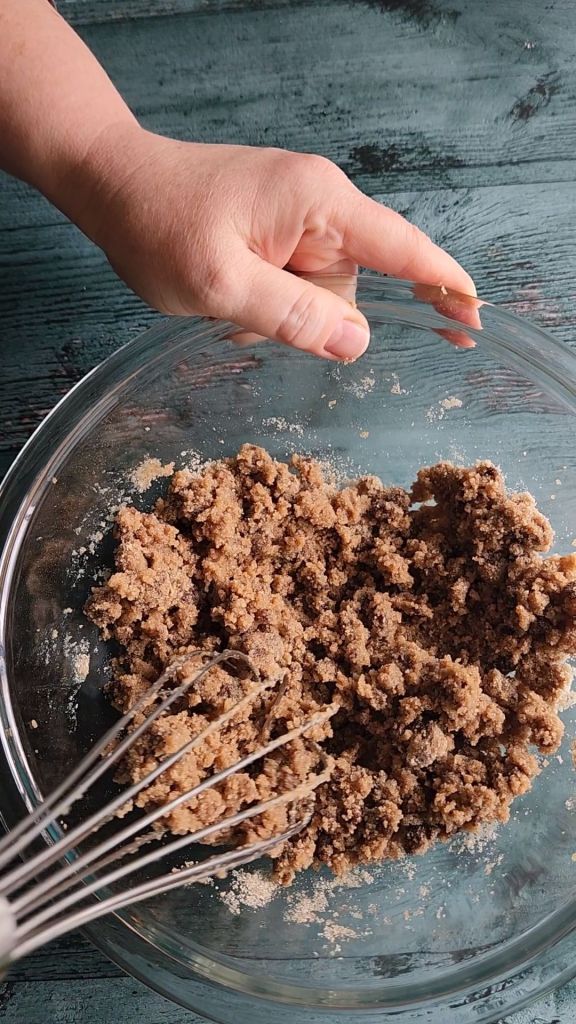 Blending streusel ingredients for Grandma's gluten-free cinnamon coffee cake recipe.